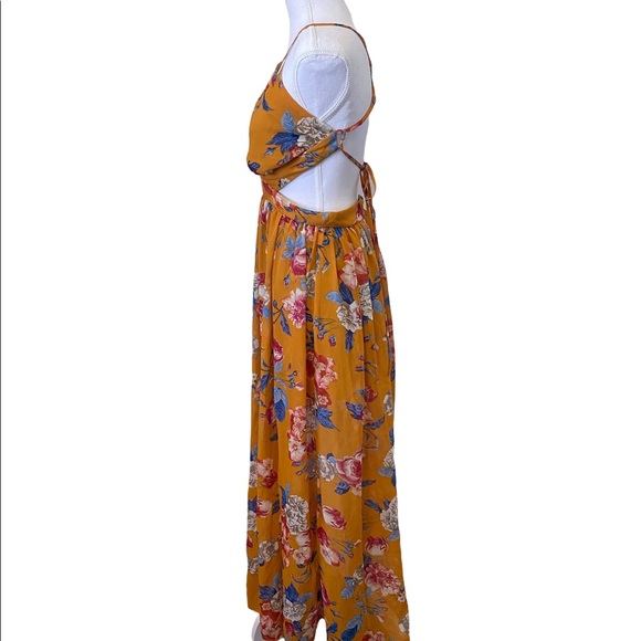 Yellow Floral Plunge Neck Long Dress - Summer Dress - Picture 3 of 8